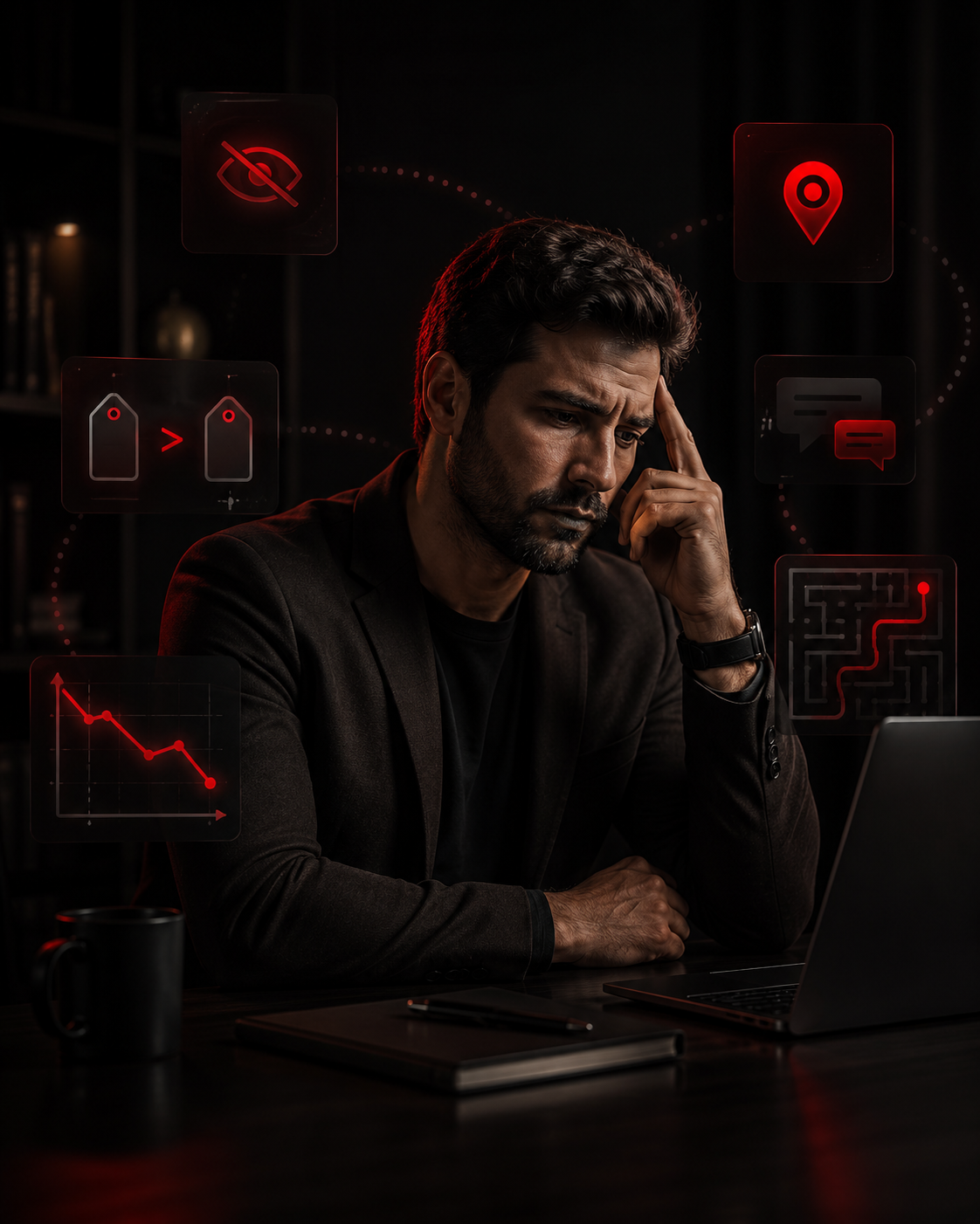 Empresário travado diante do notebook, sem posicionamento claro e sem energia de venda